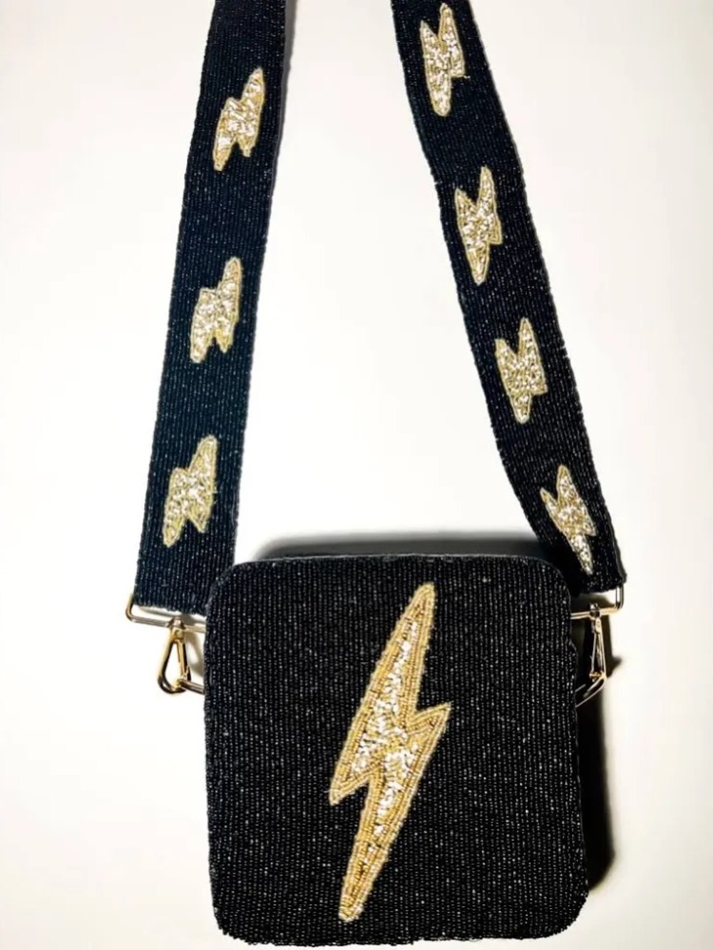 MOYNA Black Beaded Crossbody Bag with Gold Lightning Bolt